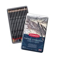 DERWENT TINTED CHARCOAL PENCILS TIN OF 12 ASSORTED COLOURS