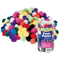 POM POMS 300 PIECE ASSORTED COLOURS AND SIZES IN A PLASTIC CONTAINER
