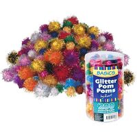 POM POMS 200 PIECE ASSORTED GLITTER COLOURS AND SIZES IN A PLASTIC CONTAINER