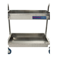 STAINLESS STEEL 2 TEIR TROLLEY ON LOCKABLE CASTORS EACH TRAY IS 44 X 79CM